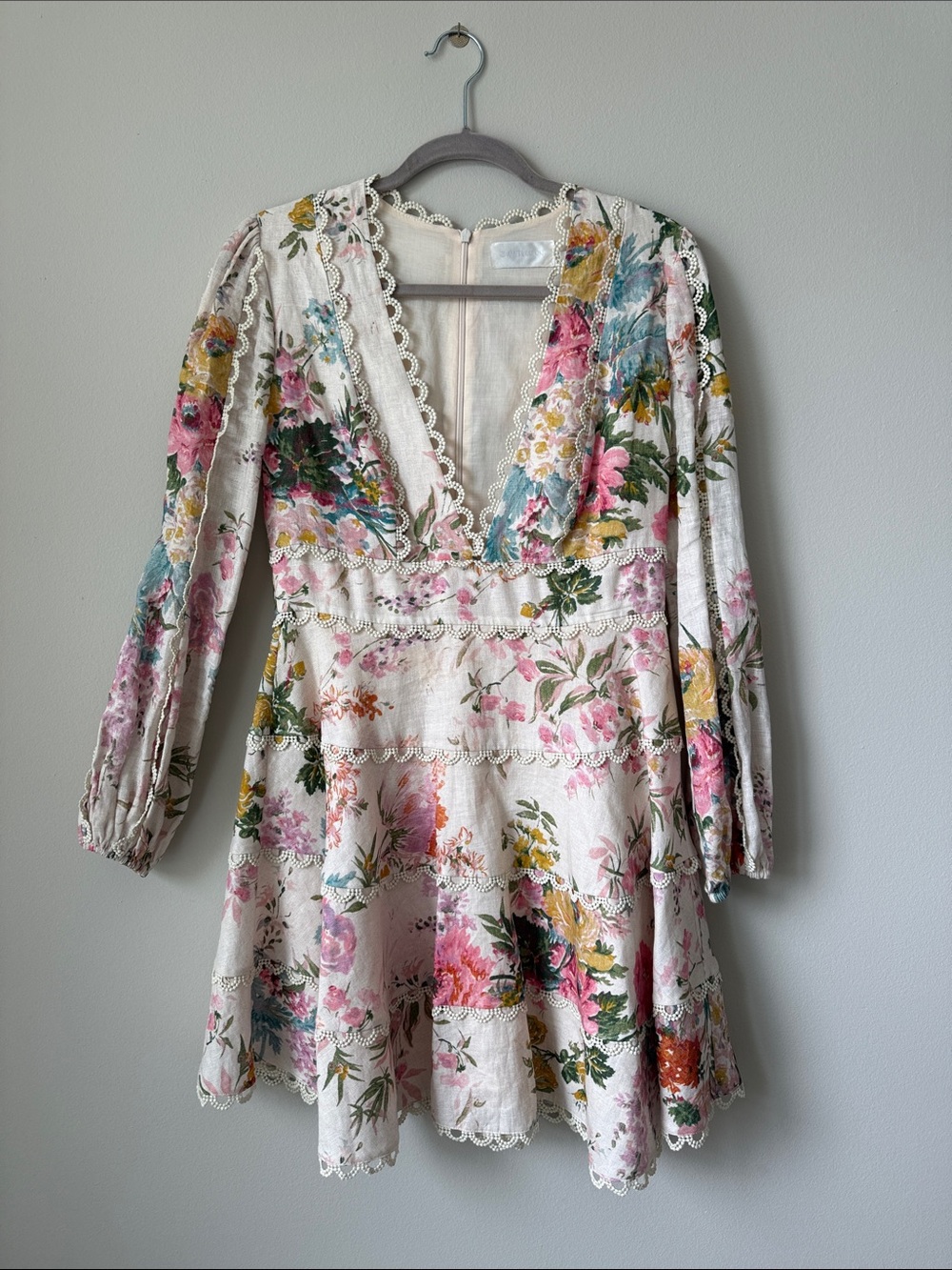 Zimmermann White Lace-Trim Floral Top with Multi-Colored Print